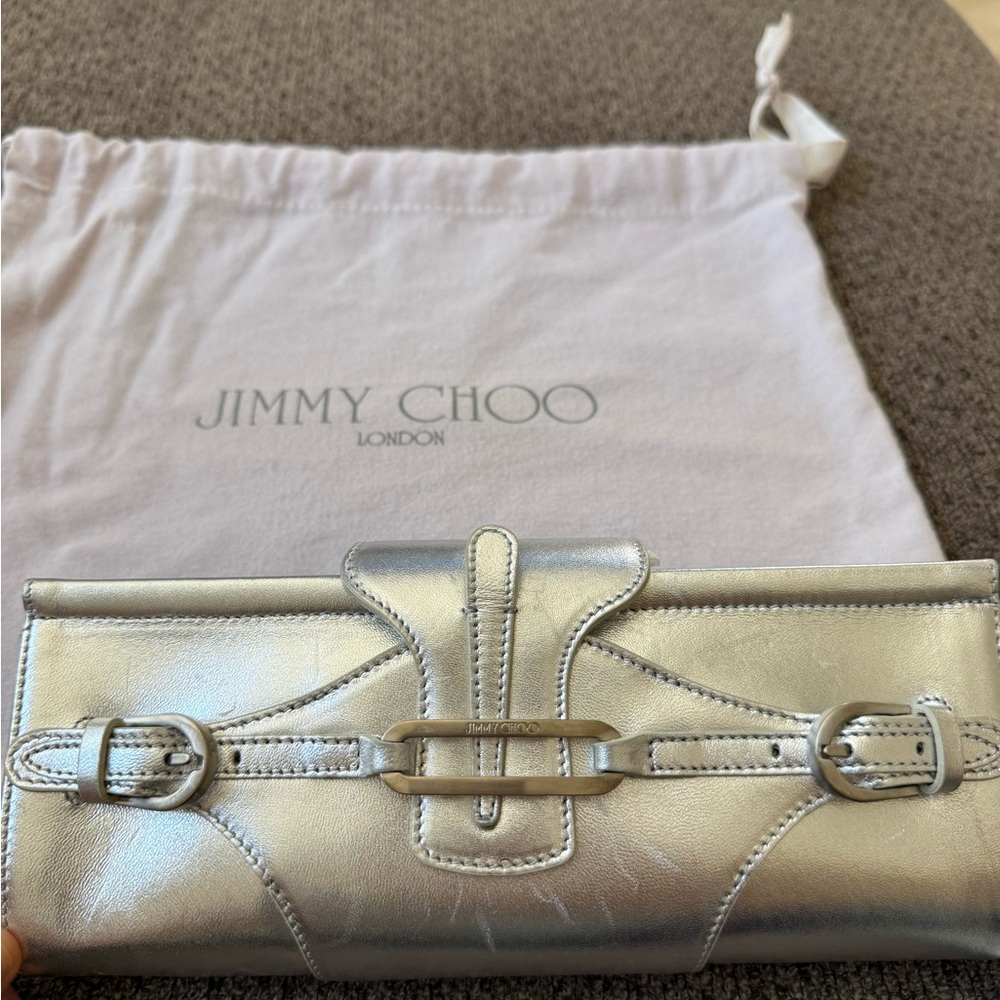 Jimmy Choo Metallic Silver Leather Clutch with Buckle Detail